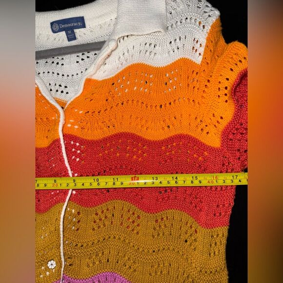 Democracy Women’s Colorful Wave Stripe  Pointelle Cardigan M EUC feminine groovy - Picture 7 of 8